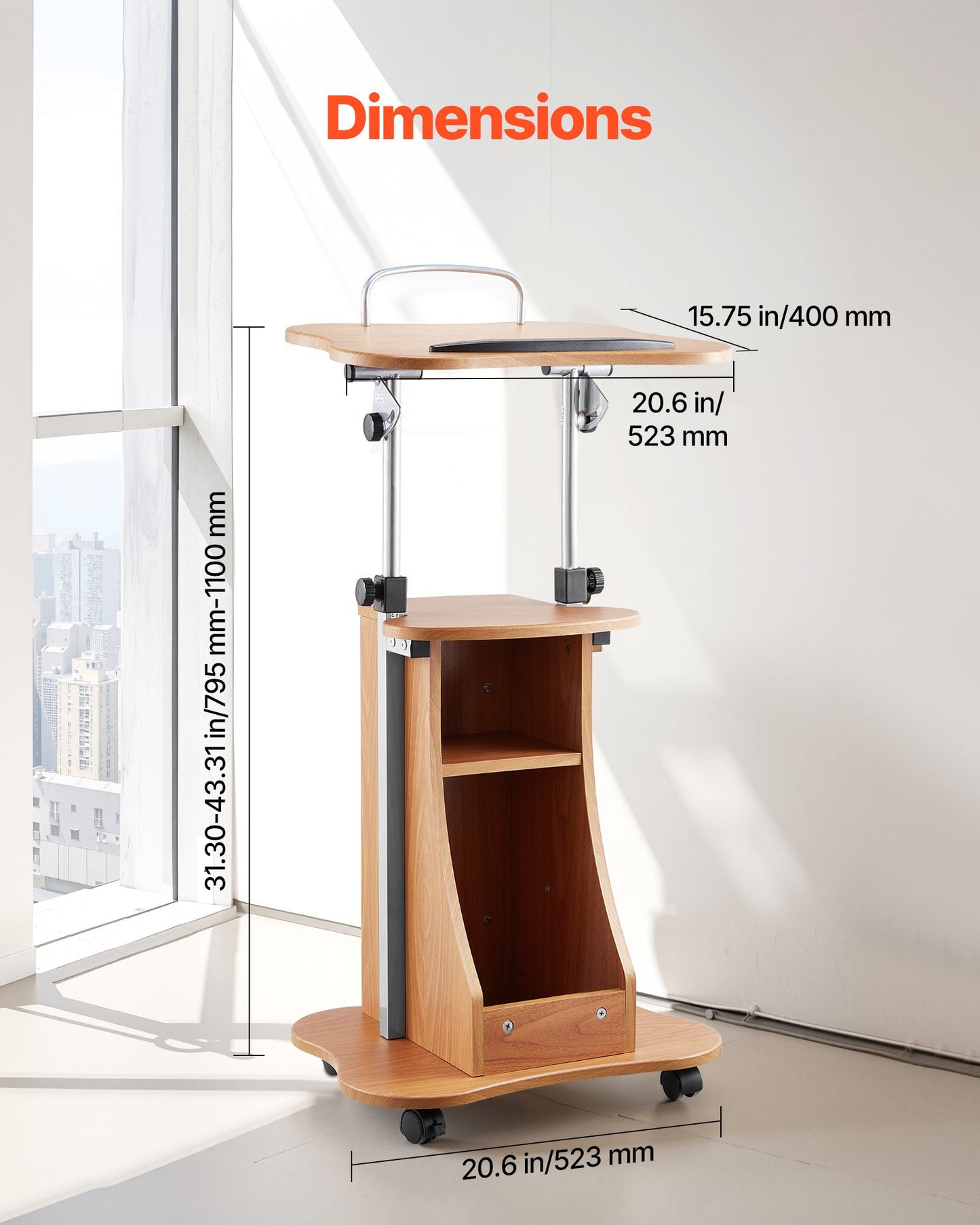 Podium Stand, 43-Inch Wooden Lectern, Portable Laptop Desk with Lockable Wheels, Wide Reading Surface and Open Storage Area, Adjustable Height and Angle, for Speeches, Lectures, or Presentations