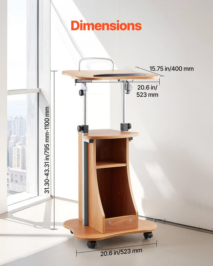 Podium Stand, 43-Inch Wooden Lectern, Portable Laptop Desk with Lockable Wheels, Wide Reading Surface and Open Storage Area, Adjustable Height and Angle, for Speeches, Lectures, or Presentations