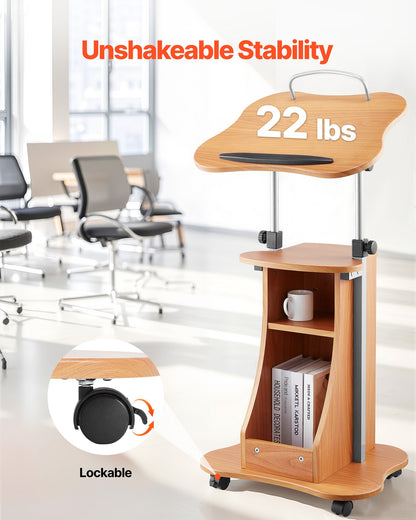 Podium Stand, 43-Inch Wooden Lectern, Portable Laptop Desk with Lockable Wheels, Wide Reading Surface and Open Storage Area, Adjustable Height and Angle, for Speeches, Lectures, or Presentations