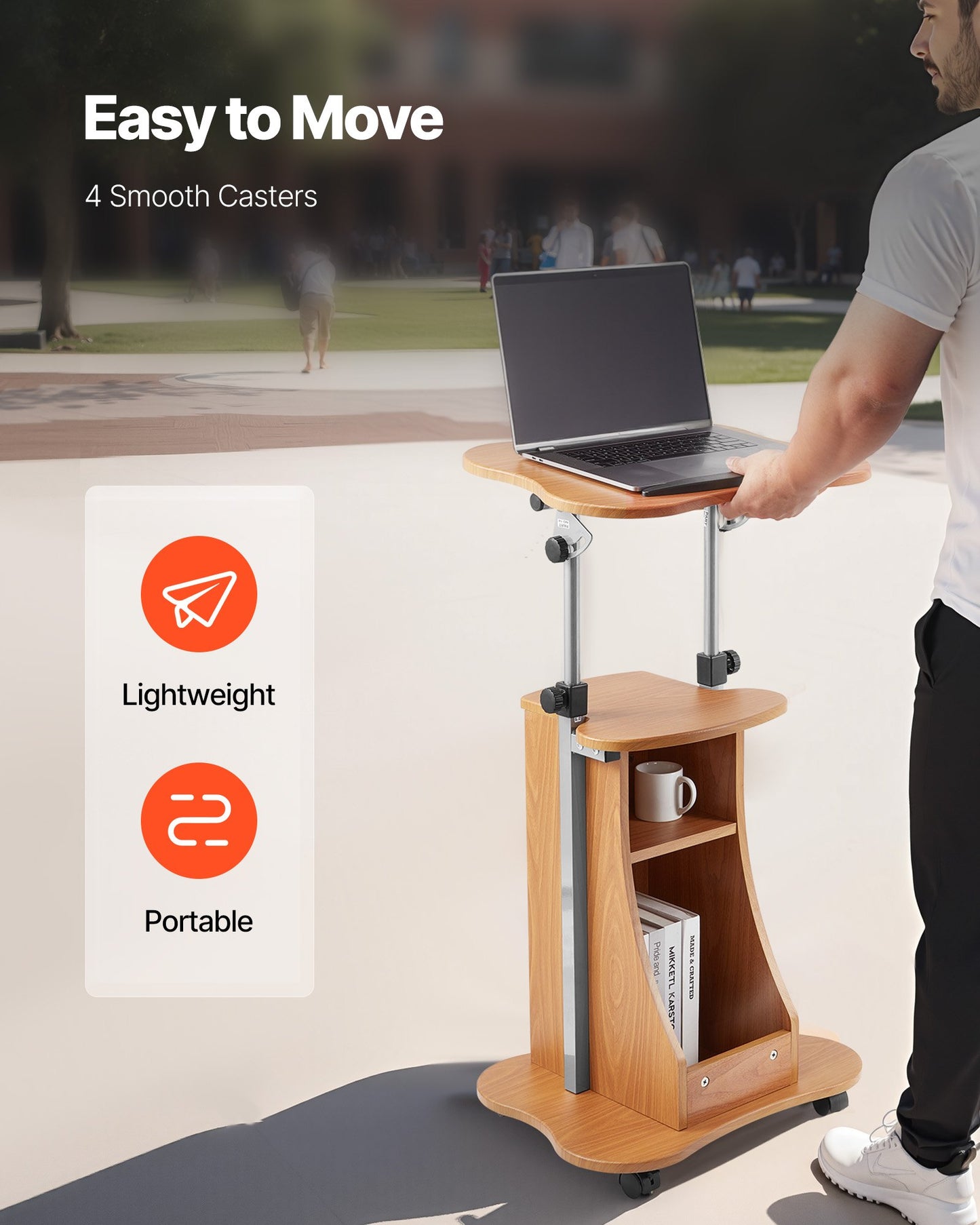 Podium Stand, 43-Inch Wooden Lectern, Portable Laptop Desk with Lockable Wheels, Wide Reading Surface and Open Storage Area, Adjustable Height and Angle, for Speeches, Lectures, or Presentations