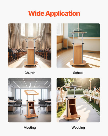 Podium Stand, 43-Inch Wooden Lectern, Portable Laptop Desk with Lockable Wheels, Wide Reading Surface and Open Storage Area, Adjustable Height and Angle, for Speeches, Lectures, or Presentations