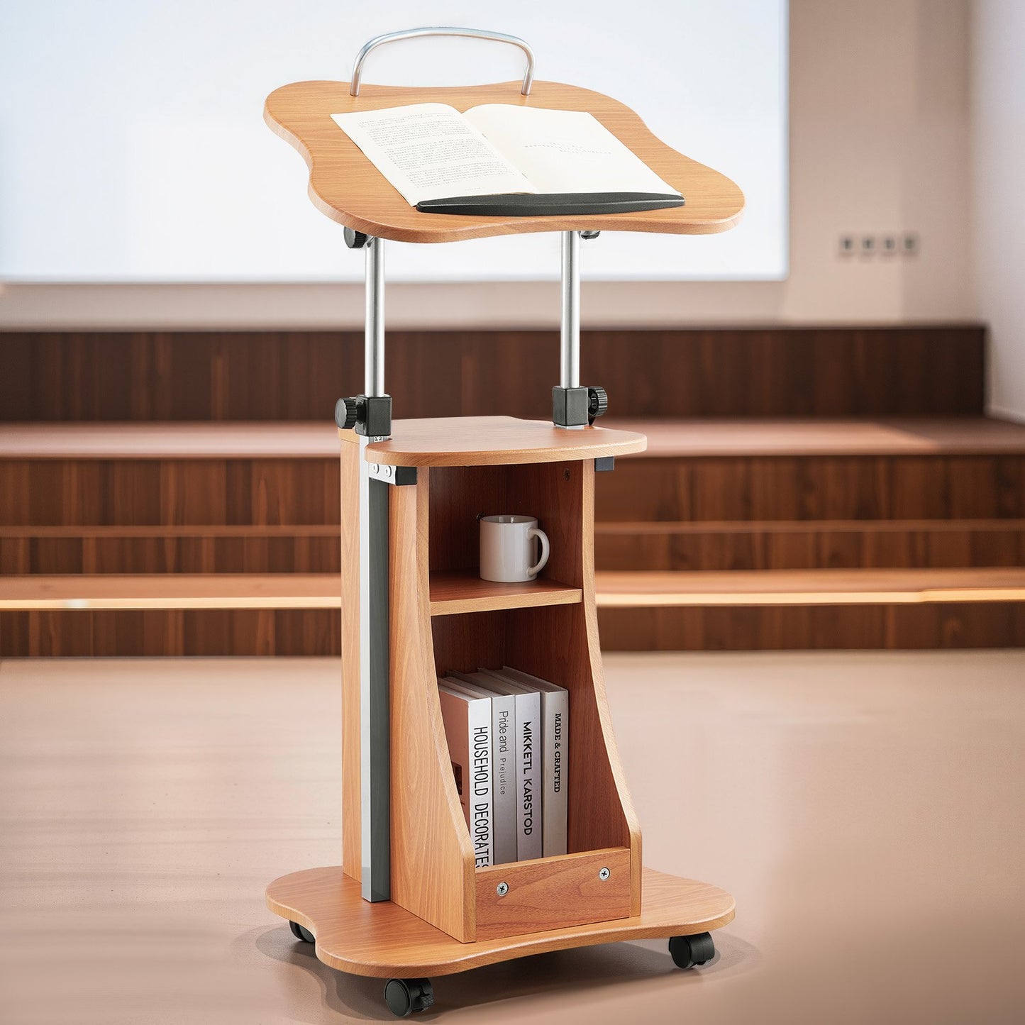 Podium Stand, 43-Inch Wooden Lectern, Portable Laptop Desk with Lockable Wheels, Wide Reading Surface and Open Storage Area, Adjustable Height and Angle, for Speeches, Lectures, or Presentations