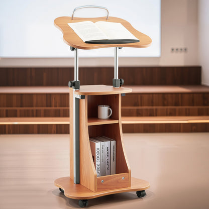 Podium Stand, 43-Inch Wooden Lectern, Portable Laptop Desk with Lockable Wheels, Wide Reading Surface and Open Storage Area, Adjustable Height and Angle, for Speeches, Lectures, or Presentations