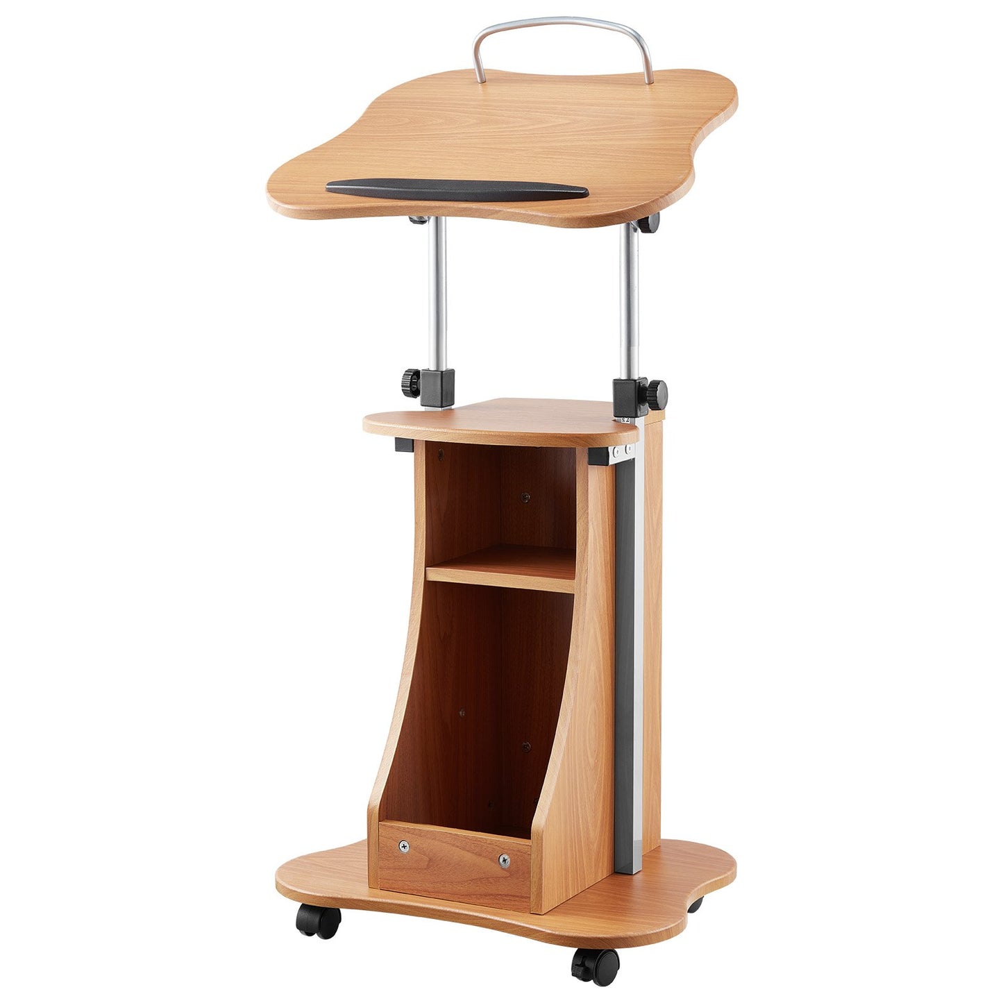 Podium Stand, 43-Inch Wooden Lectern, Portable Laptop Desk with Lockable Wheels, Wide Reading Surface and Open Storage Area, Adjustable Height and Angle, for Speeches, Lectures, or Presentations