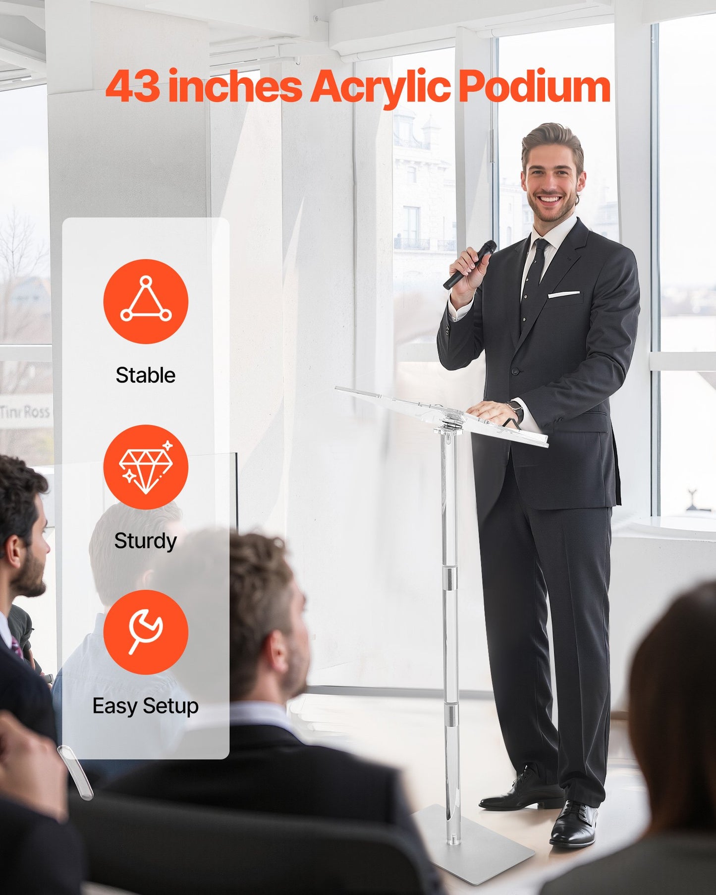 Podium Stand, 43-Inch Acrylic Lectern, Portable Laptop Desk with Wide Reading Surface, Book Clips, Adjustable Angle, Floor-Standing, for Classroom, Wedding, Conference, Lecture and Concert