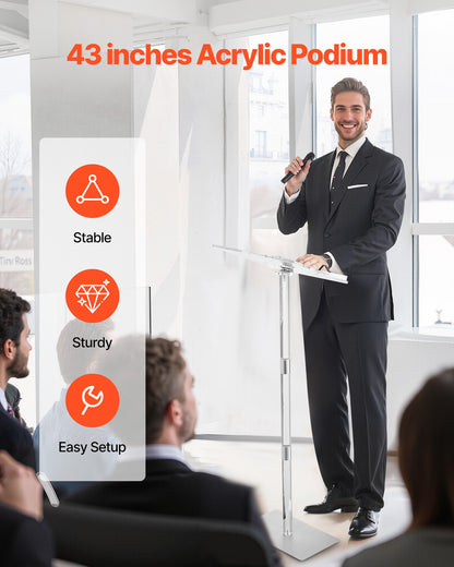 Podium Stand, 43-Inch Acrylic Lectern, Portable Laptop Desk with Wide Reading Surface, Book Clips, Adjustable Angle, Floor-Standing, for Classroom, Wedding, Conference, Lecture and Concert