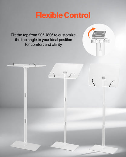 Podium Stand, 43-Inch Acrylic Lectern, Portable Laptop Desk with Wide Reading Surface, Book Clips, Adjustable Angle, Floor-Standing, for Classroom, Wedding, Conference, Lecture and Concert