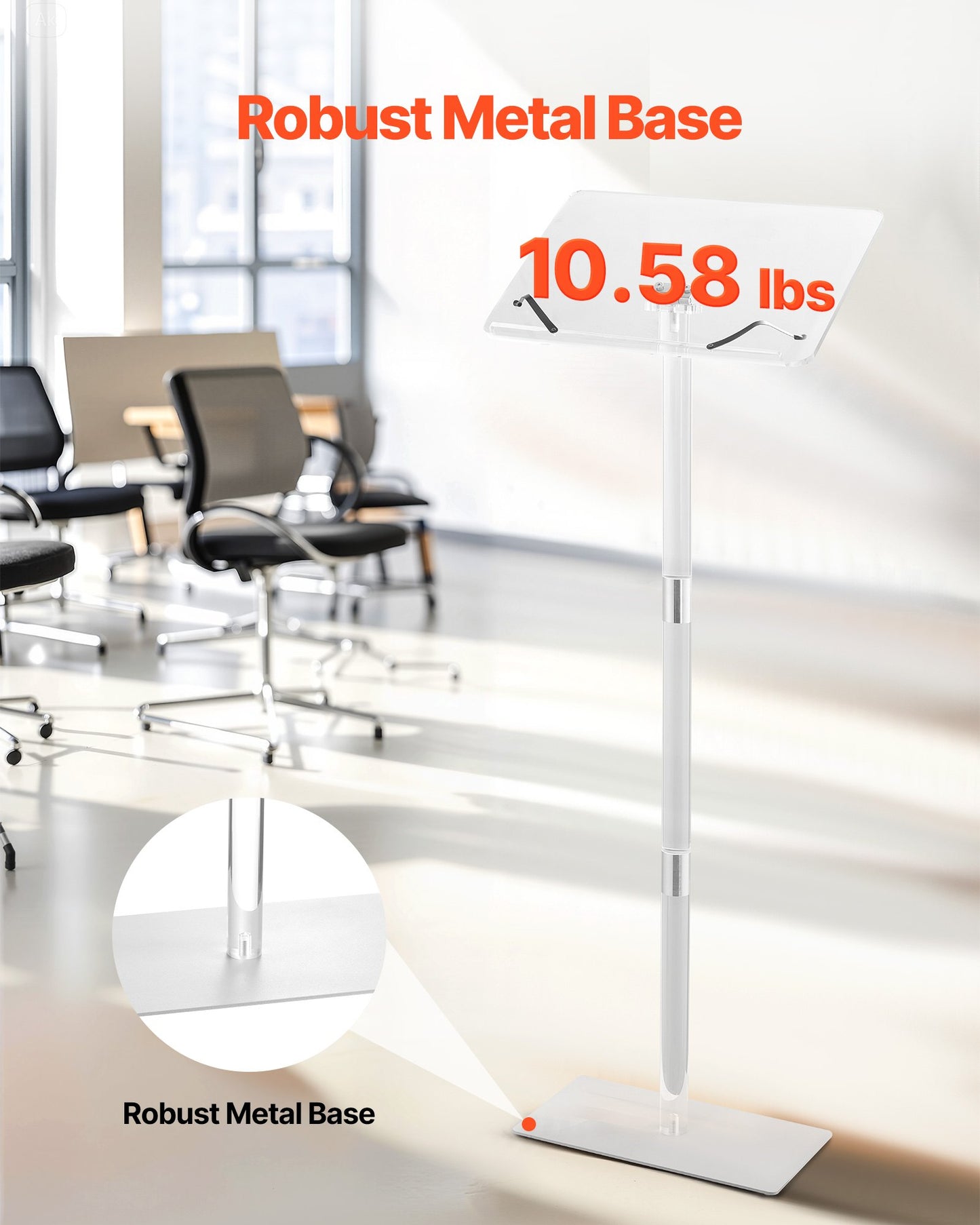 Podium Stand, 43-Inch Acrylic Lectern, Portable Laptop Desk with Wide Reading Surface, Book Clips, Adjustable Angle, Floor-Standing, for Classroom, Wedding, Conference, Lecture and Concert