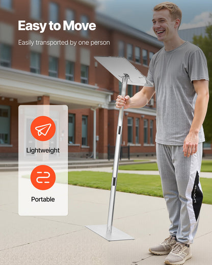 Podium Stand, 43-Inch Acrylic Lectern, Portable Laptop Desk with Wide Reading Surface, Book Clips, Adjustable Angle, Floor-Standing, for Classroom, Wedding, Conference, Lecture and Concert