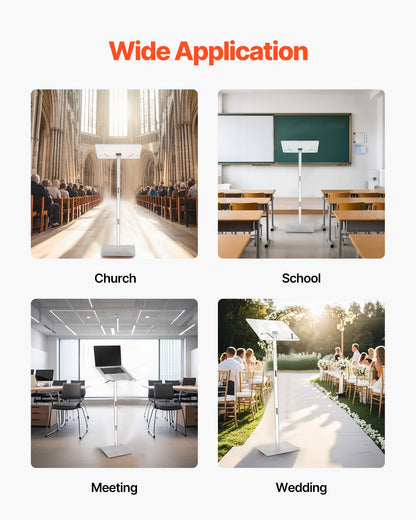 Podium Stand, 43-Inch Acrylic Lectern, Portable Laptop Desk with Wide Reading Surface, Book Clips, Adjustable Angle, Floor-Standing, for Classroom, Wedding, Conference, Lecture and Concert