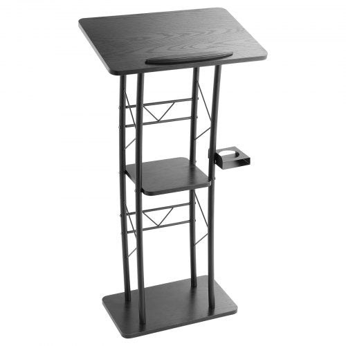 Podium Stand, 47-Inch Metal Lectern, Curved Standing Podium with Wide Reading Surface, Open Storage Compartment, Book Stopper, Cup Holder, for Classroom, Wedding, Conference, Speech, and Concert