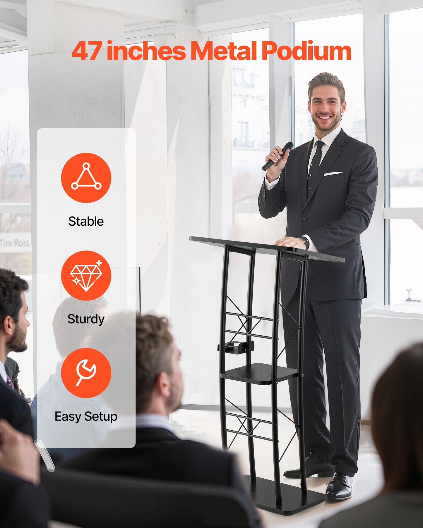 Podium Stand, 47-Inch Metal Lectern, Curved Standing Podium with Wide Reading Surface, Open Storage Compartment, Book Stopper, Cup Holder, for Classroom, Wedding, Conference, Speech, and Concert