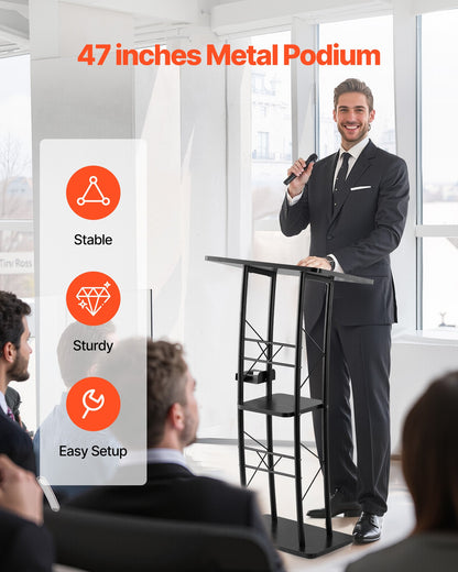 Podium Stand, 47-Inch Metal Lectern, Curved Standing Podium with Wide Reading Surface, Open Storage Compartment, Book Stopper, Cup Holder, for Classroom, Wedding, Conference, Speech, and Concert