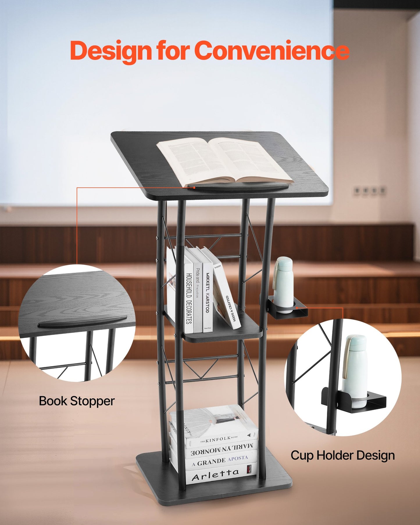 Podium Stand, 47-Inch Metal Lectern, Curved Standing Podium with Wide Reading Surface, Open Storage Compartment, Book Stopper, Cup Holder, for Classroom, Wedding, Conference, Speech, and Concert