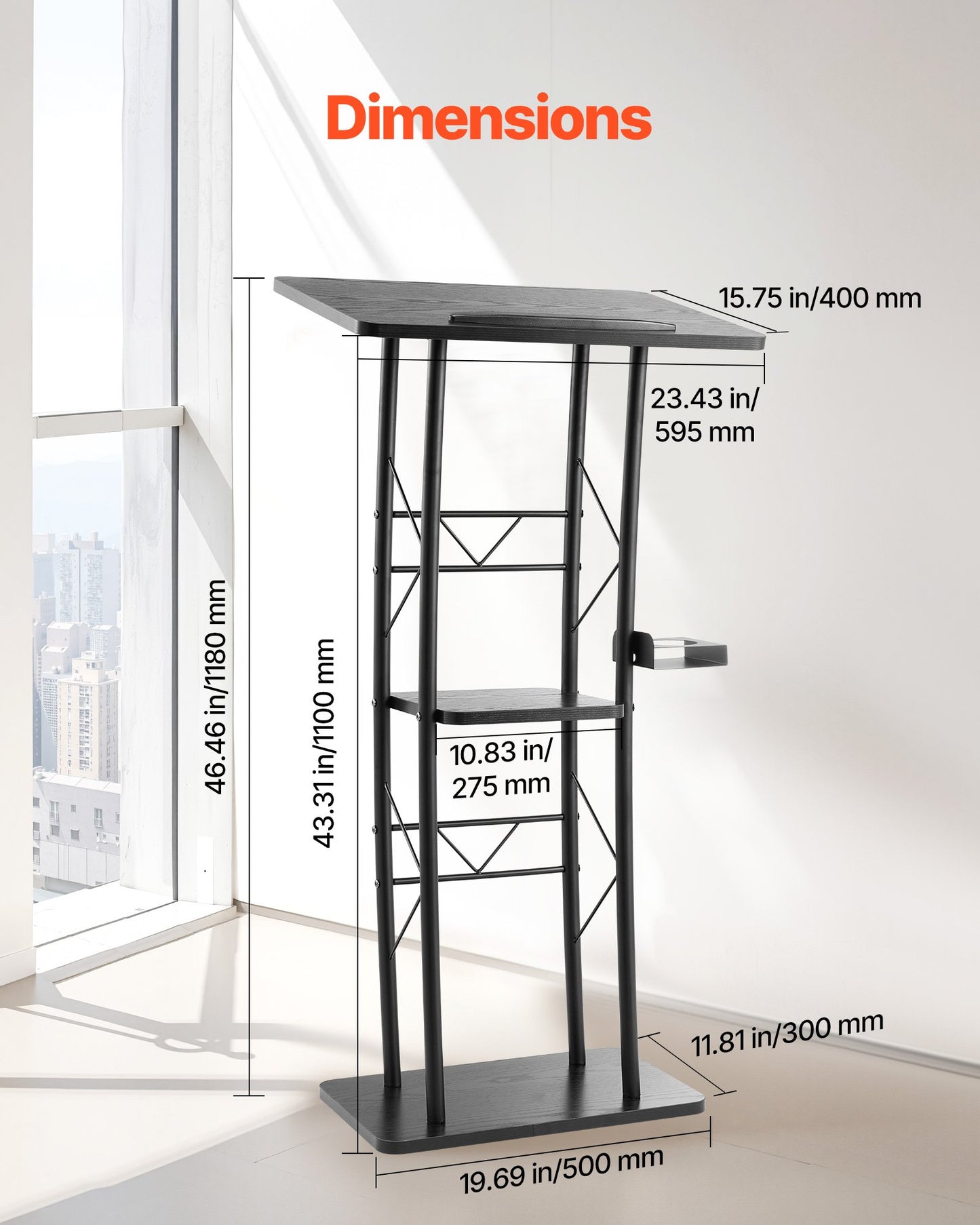 Podium Stand, 47-Inch Metal Lectern, Curved Standing Podium with Wide Reading Surface, Open Storage Compartment, Book Stopper, Cup Holder, for Classroom, Wedding, Conference, Speech, and Concert
