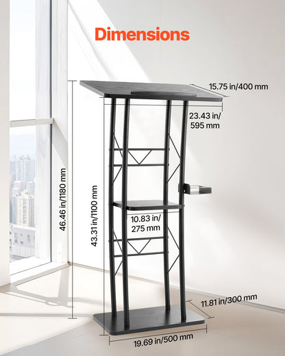 Podium Stand, 47-Inch Metal Lectern, Curved Standing Podium with Wide Reading Surface, Open Storage Compartment, Book Stopper, Cup Holder, for Classroom, Wedding, Conference, Speech, and Concert