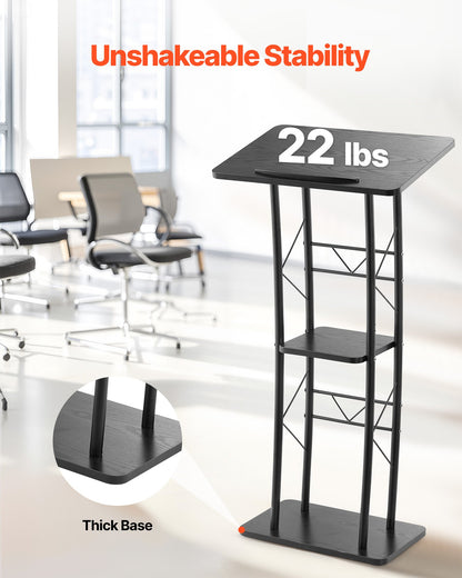 Podium Stand, 47-Inch Metal Lectern, Curved Standing Podium with Wide Reading Surface, Open Storage Compartment, Book Stopper, Cup Holder, for Classroom, Wedding, Conference, Speech, and Concert