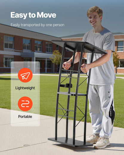 Podium Stand, 47-Inch Metal Lectern, Curved Standing Podium with Wide Reading Surface, Open Storage Compartment, Book Stopper, Cup Holder, for Classroom, Wedding, Conference, Speech, and Concert