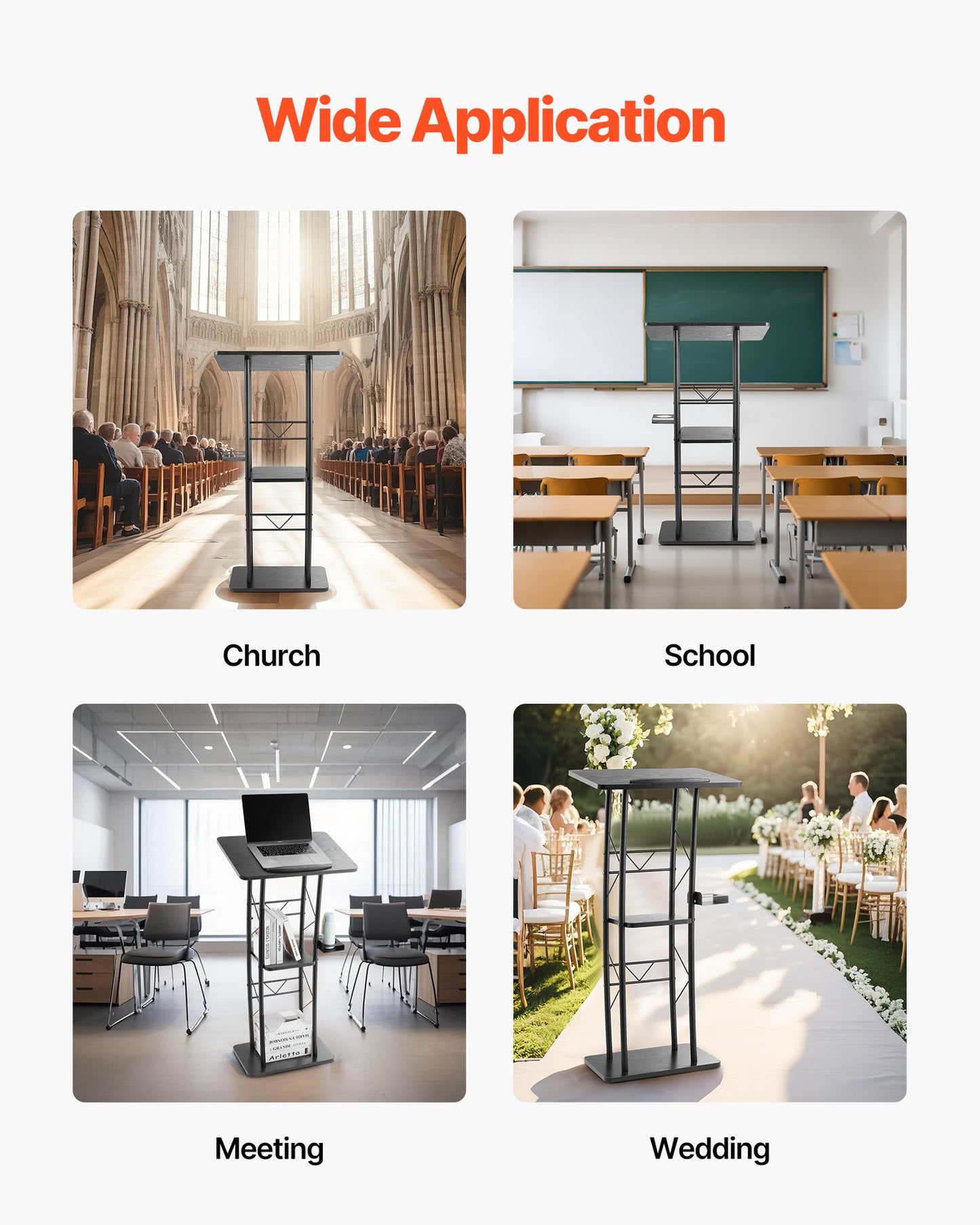 Podium Stand, 47-Inch Metal Lectern, Curved Standing Podium with Wide Reading Surface, Open Storage Compartment, Book Stopper, Cup Holder, for Classroom, Wedding, Conference, Speech, and Concert