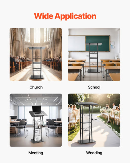 Podium Stand, 47-Inch Metal Lectern, Curved Standing Podium with Wide Reading Surface, Open Storage Compartment, Book Stopper, Cup Holder, for Classroom, Wedding, Conference, Speech, and Concert