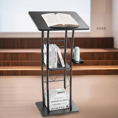 Podium Stand, 47-Inch Metal Lectern, Curved Standing Podium with Wide Reading Surface, Open Storage Compartment, Book Stopper, Cup Holder, for Classroom, Wedding, Conference, Speech, and Concert