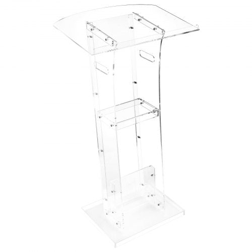 Podium Stand, 43-Inch Acrylic Lectern, Portable Laptop Desk with Wide Reading Surface and Storage Shelf, Book Stopper, Floor-Standing, for Classroom, Wedding, Conference, Lecture and Concert