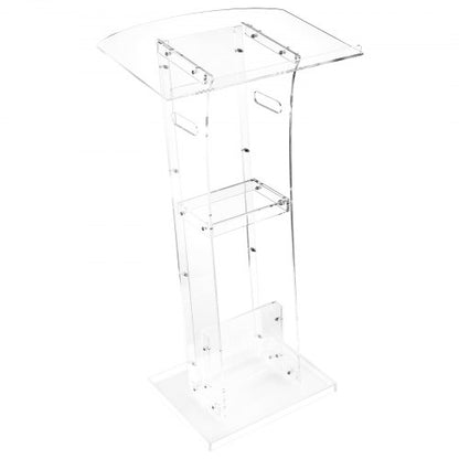 Podium Stand, 43-Inch Acrylic Lectern, Portable Laptop Desk with Wide Reading Surface and Storage Shelf, Book Stopper, Floor-Standing, for Classroom, Wedding, Conference, Lecture and Concert