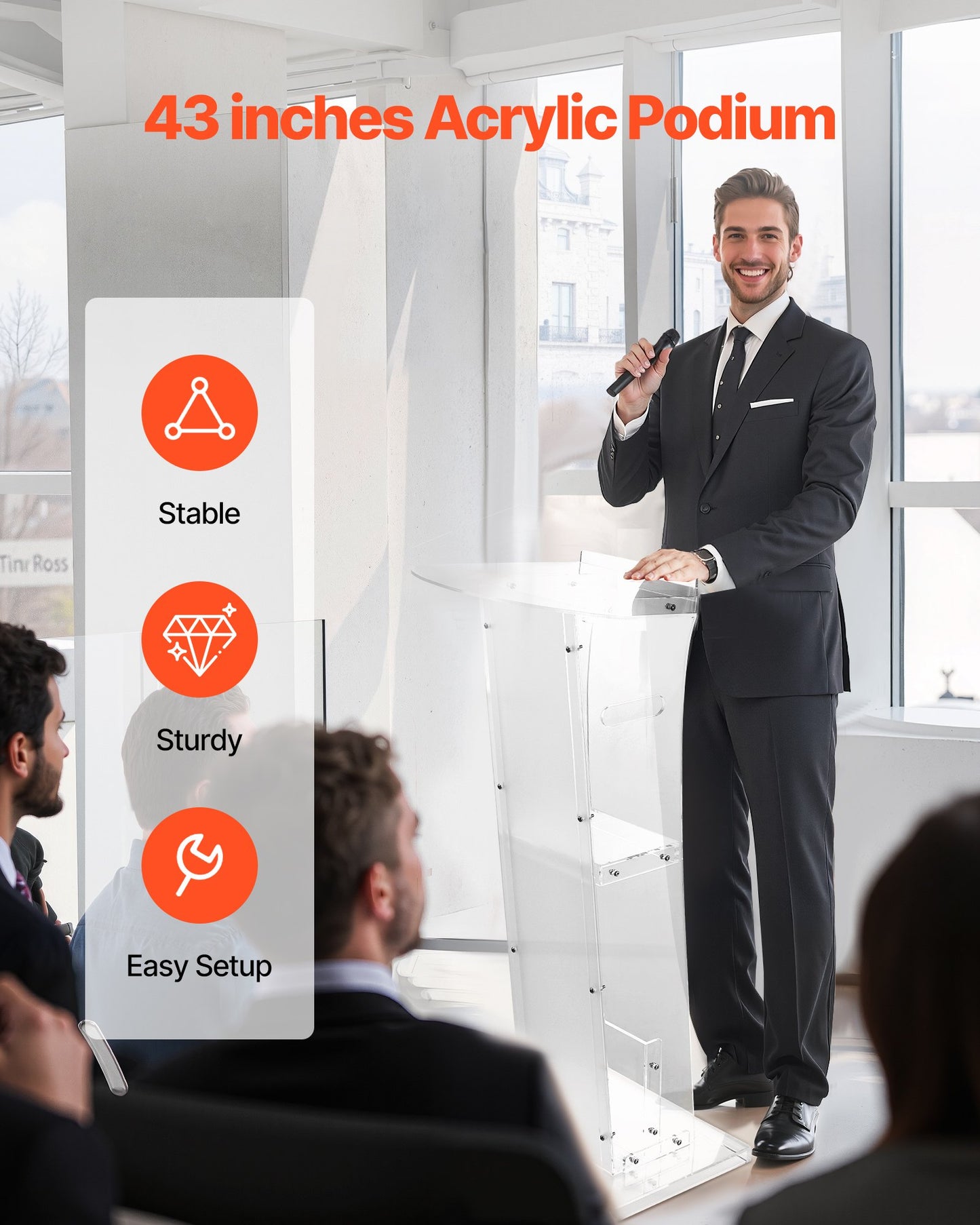 Podium Stand, 43-Inch Acrylic Lectern, Portable Laptop Desk with Wide Reading Surface and Storage Shelf, Book Stopper, Floor-Standing, for Classroom, Wedding, Conference, Lecture and Concert