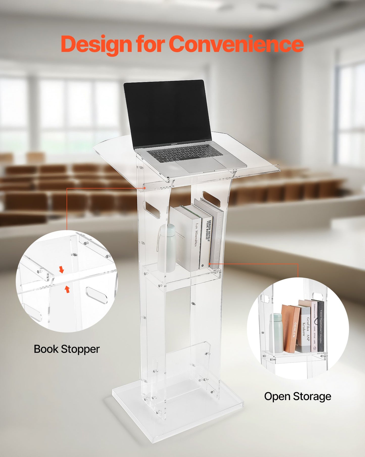 Podium Stand, 43-Inch Acrylic Lectern, Portable Laptop Desk with Wide Reading Surface and Storage Shelf, Book Stopper, Floor-Standing, for Classroom, Wedding, Conference, Lecture and Concert