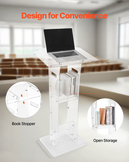 Podium Stand, 43-Inch Acrylic Lectern, Portable Laptop Desk with Wide Reading Surface and Storage Shelf, Book Stopper, Floor-Standing, for Classroom, Wedding, Conference, Lecture and Concert
