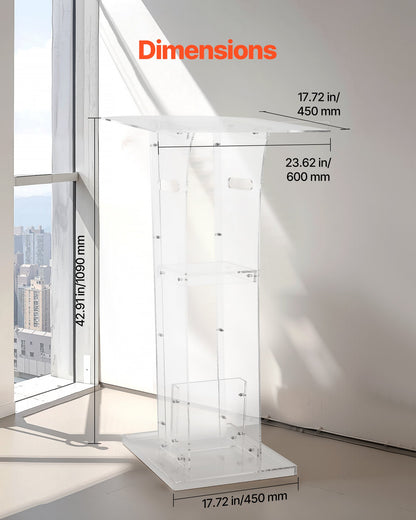 Podium Stand, 43-Inch Acrylic Lectern, Portable Laptop Desk with Wide Reading Surface and Storage Shelf, Book Stopper, Floor-Standing, for Classroom, Wedding, Conference, Lecture and Concert