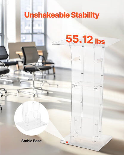 Podium Stand, 43-Inch Acrylic Lectern, Portable Laptop Desk with Wide Reading Surface and Storage Shelf, Book Stopper, Floor-Standing, for Classroom, Wedding, Conference, Lecture and Concert