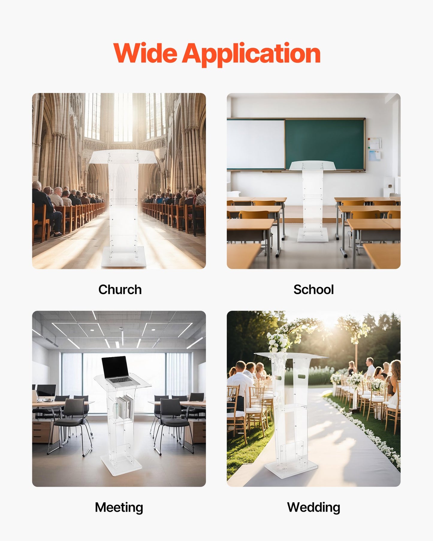 Podium Stand, 43-Inch Acrylic Lectern, Portable Laptop Desk with Wide Reading Surface and Storage Shelf, Book Stopper, Floor-Standing, for Classroom, Wedding, Conference, Lecture and Concert