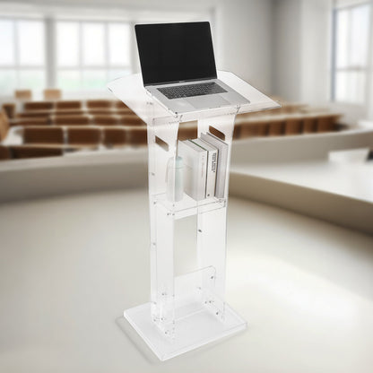 Podium Stand, 43-Inch Acrylic Lectern, Portable Laptop Desk with Wide Reading Surface and Storage Shelf, Book Stopper, Floor-Standing, for Classroom, Wedding, Conference, Lecture and Concert