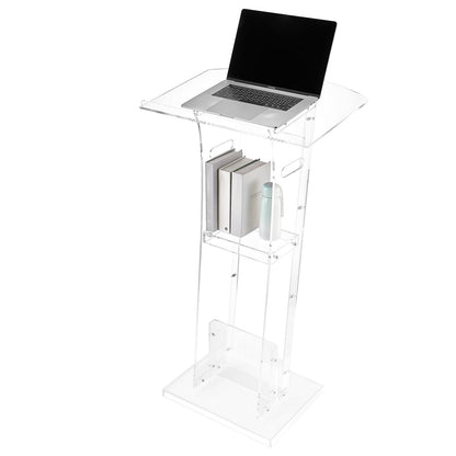 Podium Stand, 43-Inch Acrylic Lectern, Portable Laptop Desk with Wide Reading Surface and Storage Shelf, Book Stopper, Floor-Standing, for Classroom, Wedding, Conference, Lecture and Concert