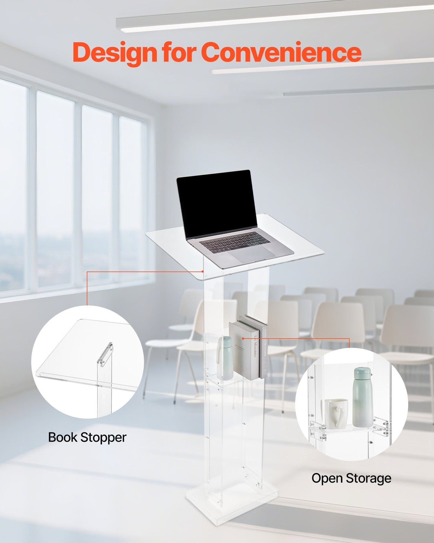 Podium Stand, 50-Inch Acrylic Lectern, Portable Laptop Desk with Wide Reading Surface and Storage Shelf, Book Stopper, Floor-Standing, for Classroom, Wedding, Conference, Lecture and Concert