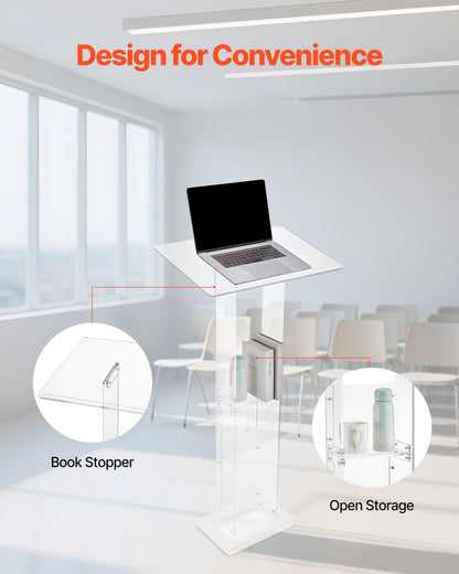 Podium Stand, 50-Inch Acrylic Lectern, Portable Laptop Desk with Wide Reading Surface and Storage Shelf, Book Stopper, Floor-Standing, for Classroom, Wedding, Conference, Lecture and Concert