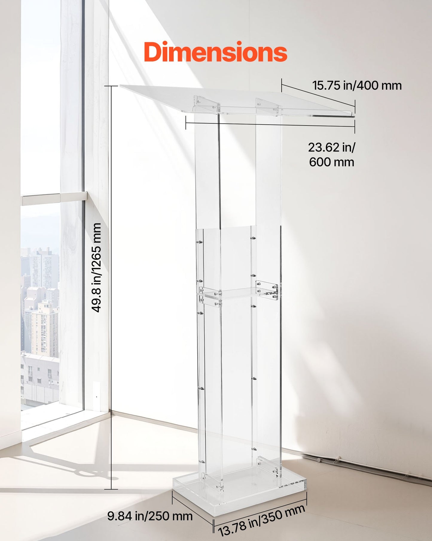 Podium Stand, 50-Inch Acrylic Lectern, Portable Laptop Desk with Wide Reading Surface and Storage Shelf, Book Stopper, Floor-Standing, for Classroom, Wedding, Conference, Lecture and Concert