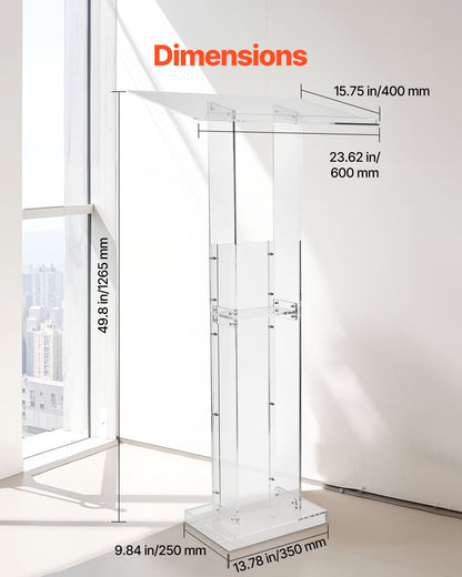 Podium Stand, 50-Inch Acrylic Lectern, Portable Laptop Desk with Wide Reading Surface and Storage Shelf, Book Stopper, Floor-Standing, for Classroom, Wedding, Conference, Lecture and Concert