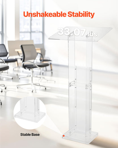 Podium Stand, 50-Inch Acrylic Lectern, Portable Laptop Desk with Wide Reading Surface and Storage Shelf, Book Stopper, Floor-Standing, for Classroom, Wedding, Conference, Lecture and Concert