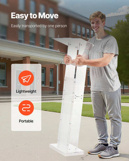 Podium Stand, 50-Inch Acrylic Lectern, Portable Laptop Desk with Wide Reading Surface and Storage Shelf, Book Stopper, Floor-Standing, for Classroom, Wedding, Conference, Lecture and Concert