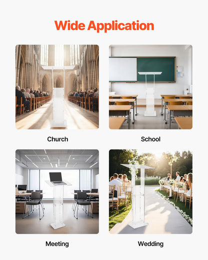 Podium Stand, 50-Inch Acrylic Lectern, Portable Laptop Desk with Wide Reading Surface and Storage Shelf, Book Stopper, Floor-Standing, for Classroom, Wedding, Conference, Lecture and Concert