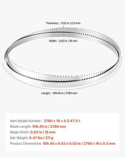 Bandsaw Blade, 109.45 Inch Length, 4 TPI Band Saw Blade with 18 HRC Hardened Sharp Teeth, High-Strength Carbon Steel, 0.6 Inch Width, Replacement for Major Woodworking Band Saw Brands, 1 Pack