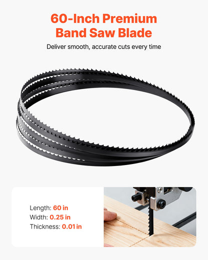 Bandsaw Blade, 60 Inch Length, 6 TPI Band Saw Blade with 15 HRC Hardened Sharp Teeth, SK5 High-Strength Carbon Steel, 0.25 Inch Width, Replacement for Major Woodworking Band Saw Brands, 1 Pack