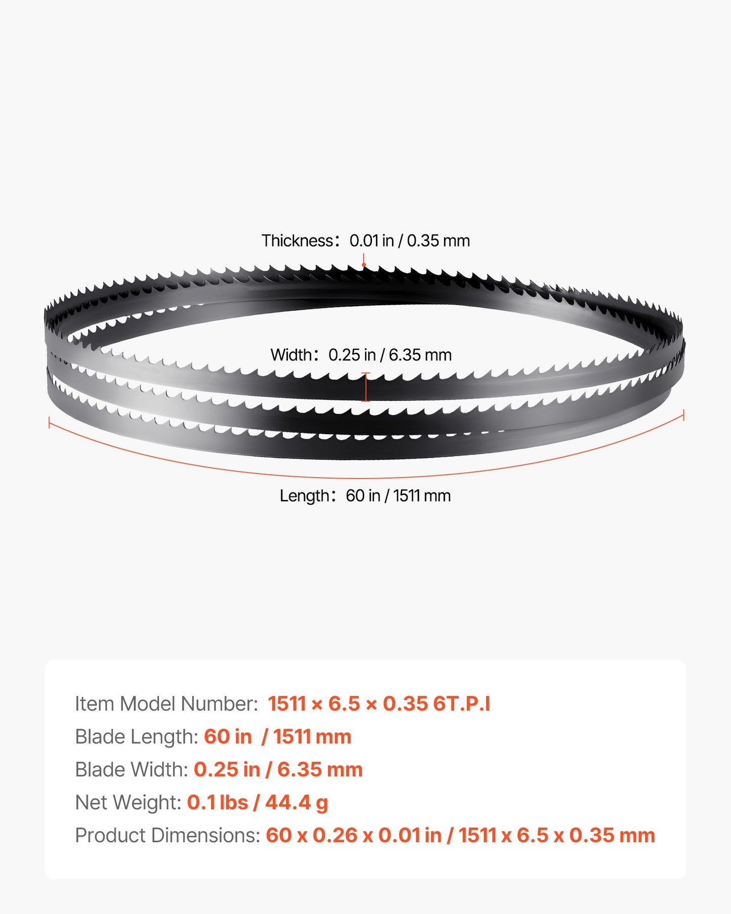 Bandsaw Blade, 60 Inch Length, 6 TPI Band Saw Blade with 15 HRC Hardened Sharp Teeth, SK5 High-Strength Carbon Steel, 0.25 Inch Width, Replacement for Major Woodworking Band Saw Brands, 1 Pack