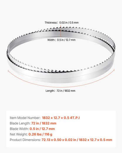 Bandsaw Blade, 72 Inch Length, 4 TPI Band Saw Blade with 18 HRC Hardened Sharp Teeth, SK5 High-Strength Carbon Steel, 0.5 Inch Width, Replacement for Major Woodworking Band Saw Brands, 1 Pack