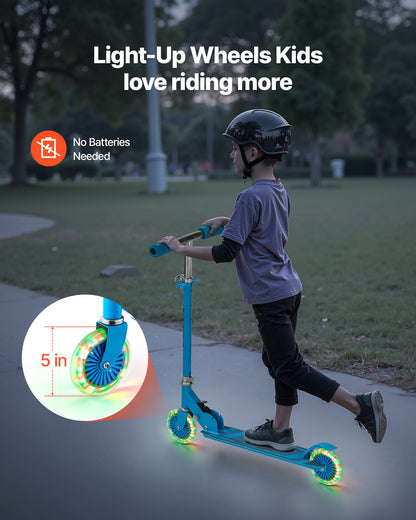 Kick Scooter for Kids Ages 3+, 2-Wheel Toddler Scooter with Light-Up Wheels, Adjustable Height Handlebar, Wide Anti-Slip Deck, Foldable Lightweight Frame for Boys & Girls up to 110 lbs, Blue