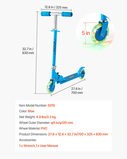 Kick Scooter for Kids Ages 3+, 2-Wheel Toddler Scooter with Light-Up Wheels, Adjustable Height Handlebar, Wide Anti-Slip Deck, Foldable Lightweight Frame for Boys & Girls up to 110 lbs, Blue