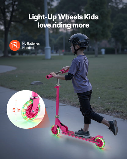 Kick Scooter for Kids Ages 3+, 2-Wheel Toddler Scooter with Light-Up Wheels, Adjustable Height Handlebar, Wide Anti-Slip Deck, Foldable Lightweight Frame for Boys & Girls up to 110 lbs, Pink