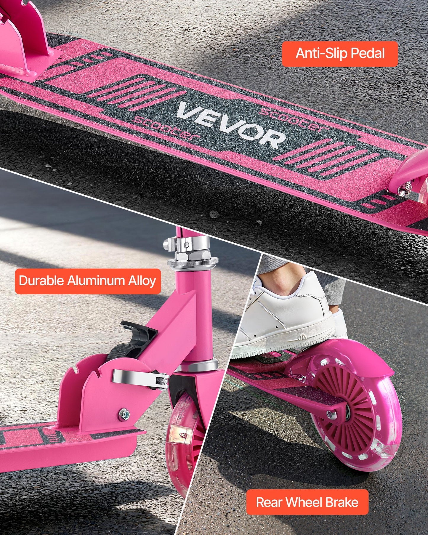 Kick Scooter for Kids Ages 3+, 2-Wheel Toddler Scooter with Light-Up Wheels, Adjustable Height Handlebar, Wide Anti-Slip Deck, Foldable Lightweight Frame for Boys & Girls up to 110 lbs, Pink